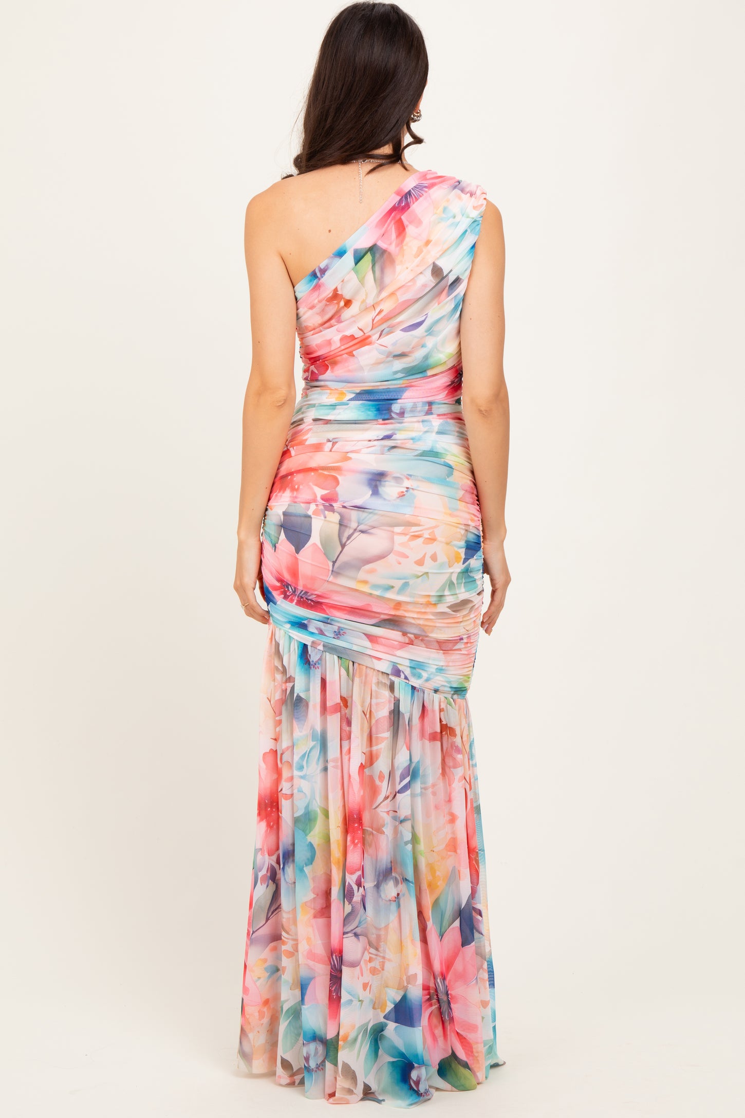 Multicolor Floral Ruched Mesh One Shoulder Maxi Dress