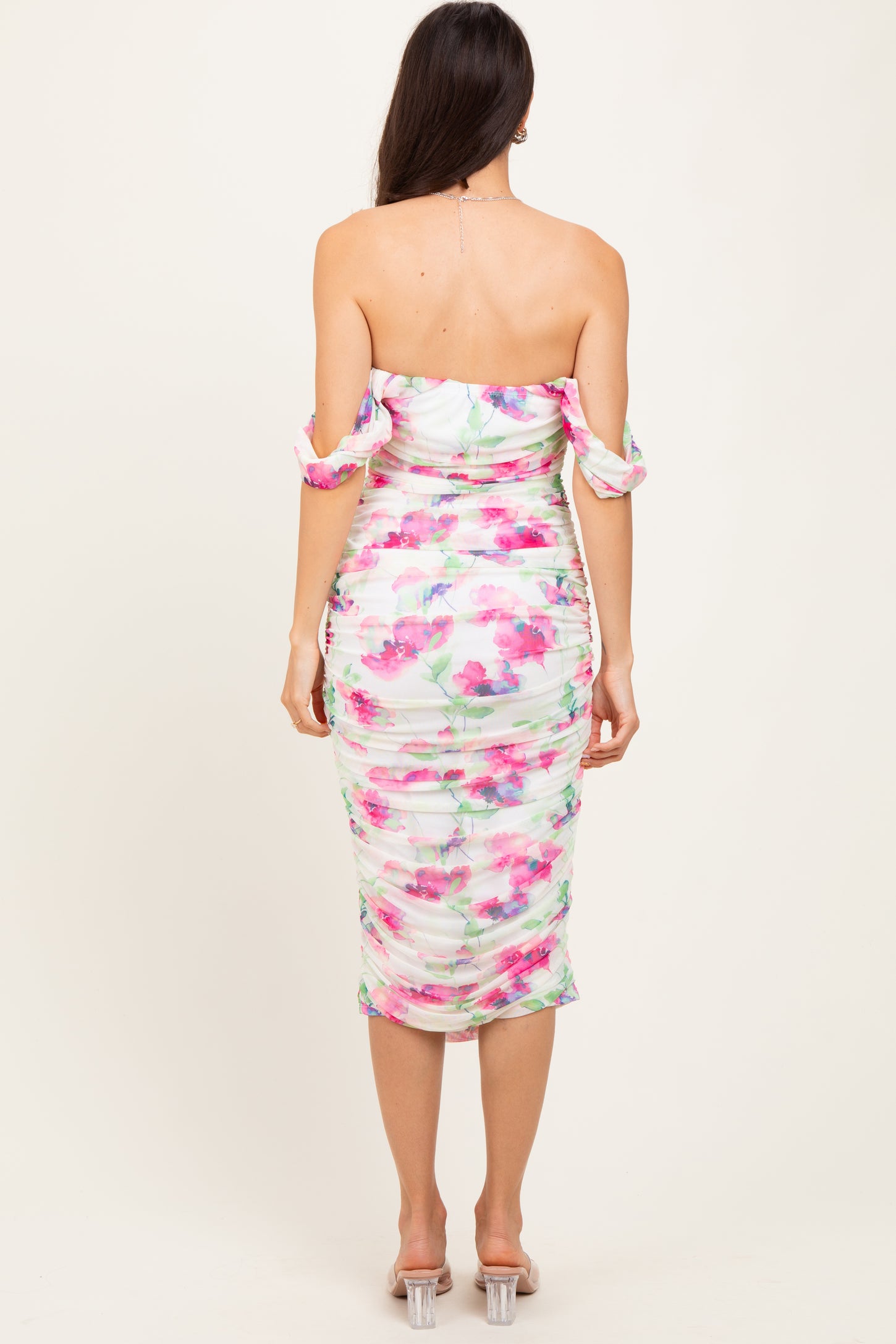 Fuchsia Floral Off Shoulder Ruched Mesh Midi Dress