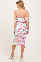 Fuchsia Floral Off Shoulder Ruched Mesh Maternity Midi Dress