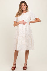 Ivory Floral Short Sleeve Tiered Maternity Midi Dress