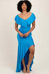 Blue Off Shoulder Ruffle Hi-Low Maxi Dress