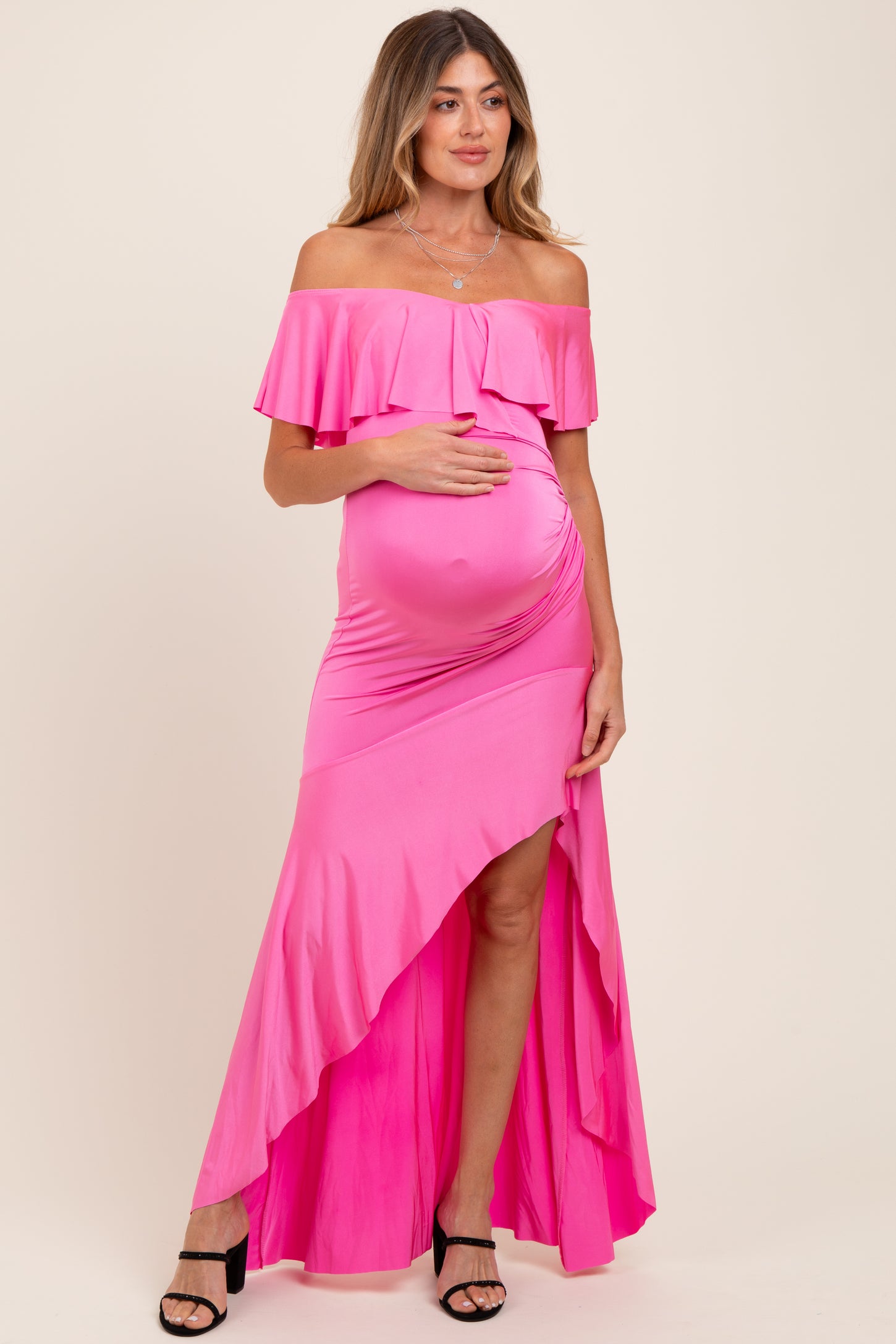 Fuchsia Off Shoulder Ruffle Hi-Low Maternity Maxi Dress