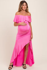 Fuchsia Off Shoulder Ruffle Hi-Low Maternity Maxi Dress