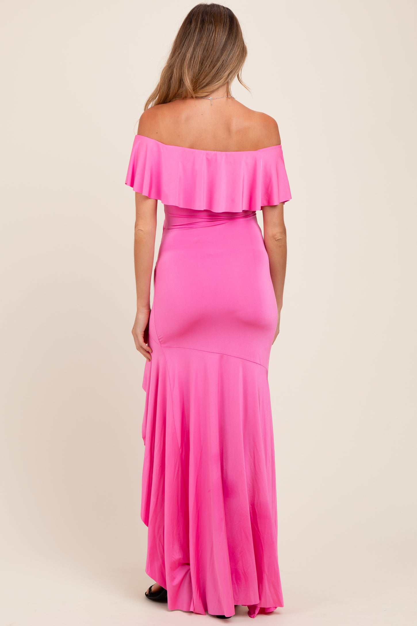 Fuchsia Off Shoulder Ruffle Hi-Low Maternity Maxi Dress