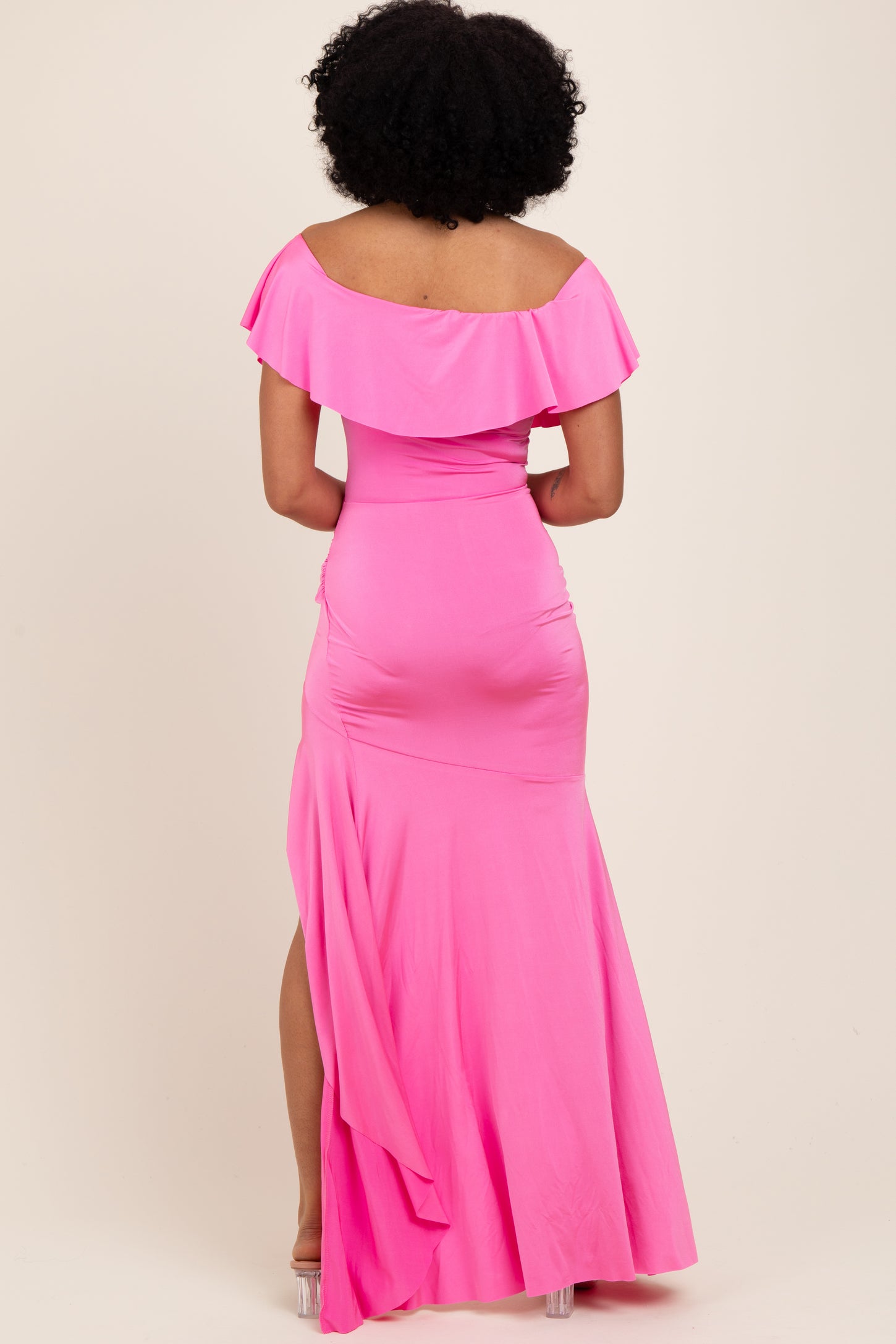 Fuchsia Off Shoulder Ruffle Hi-Low Maxi Dress