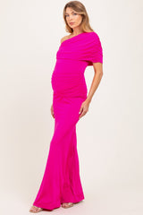 Pink Off Shoulder Foldover Ruched Maternity Maxi Dress