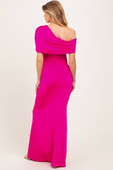 Pink Off Shoulder Foldover Ruched Maternity Maxi Dress