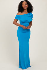 Blue Off Shoulder Foldover Ruched Maxi Dress