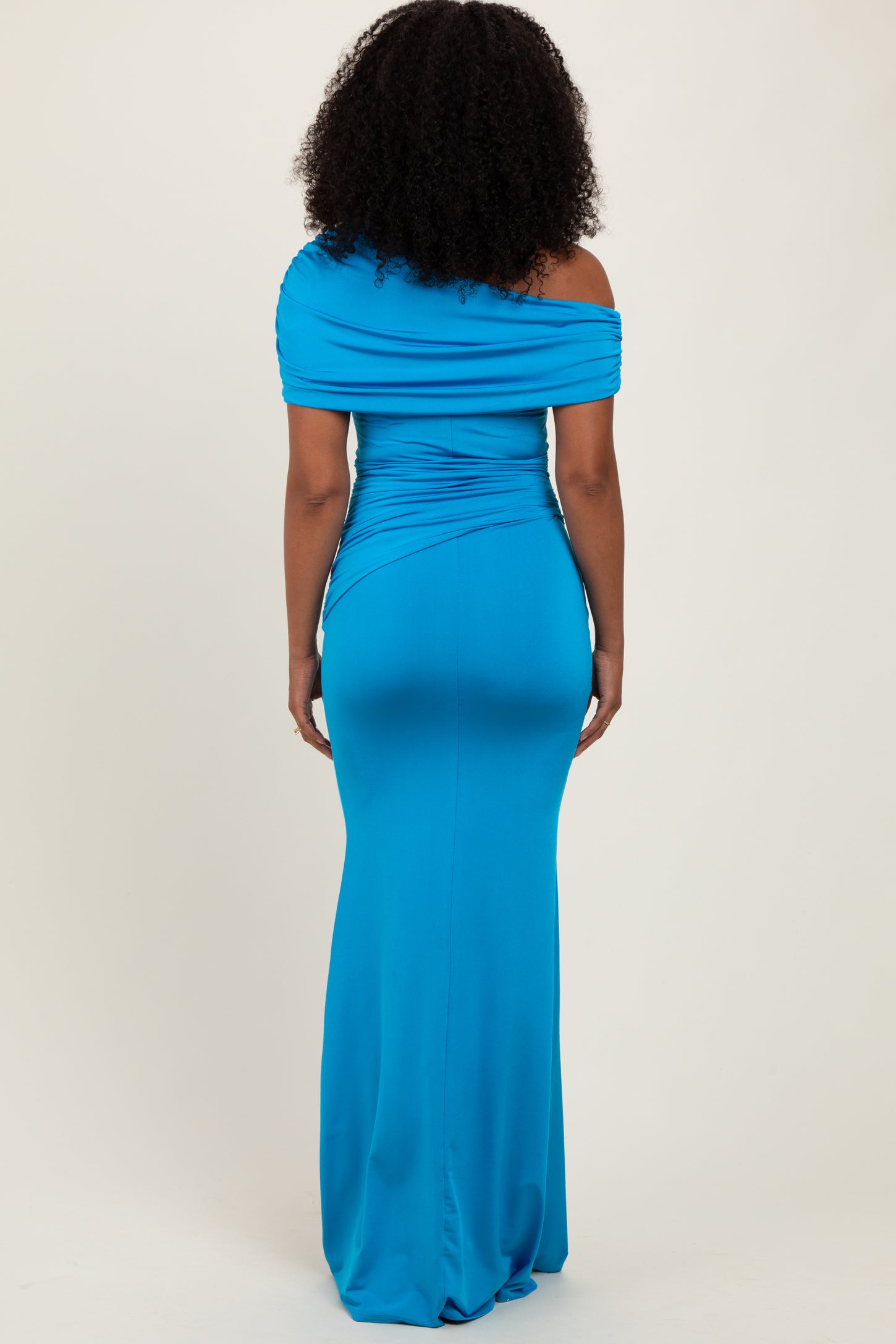 Blue Off Shoulder Foldover Ruched Maxi Dress