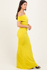 Lime Off Shoulder Foldover Ruched Maxi Dress