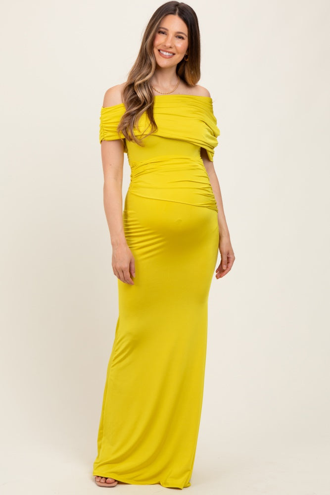 Lime Off Shoulder Foldover Ruched Maternity Maxi Dress