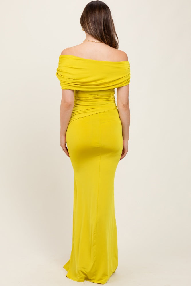 Lime Off Shoulder Foldover Ruched Maternity Maxi Dress