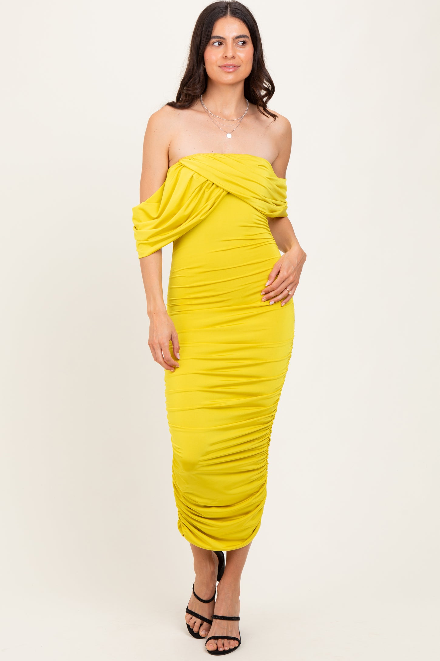 Lime Off Shoulder Draped Ruched Midi Dress