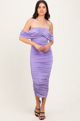 Lavender Off Shoulder Draped Ruched Maternity Midi Dress