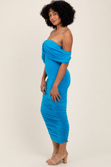 Blue Off Shoulder Draped Ruched Midi Dress
