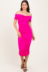 Fuchsia Knotted Off Shoulder Ruched Midi Dress