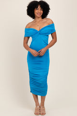 Blue Knotted Off Shoulder Ruched Maternity Midi Dress