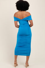 Blue Knotted Off Shoulder Ruched Midi Dress