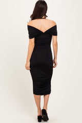 Black Knotted Off Shoulder Ruched Midi Dress