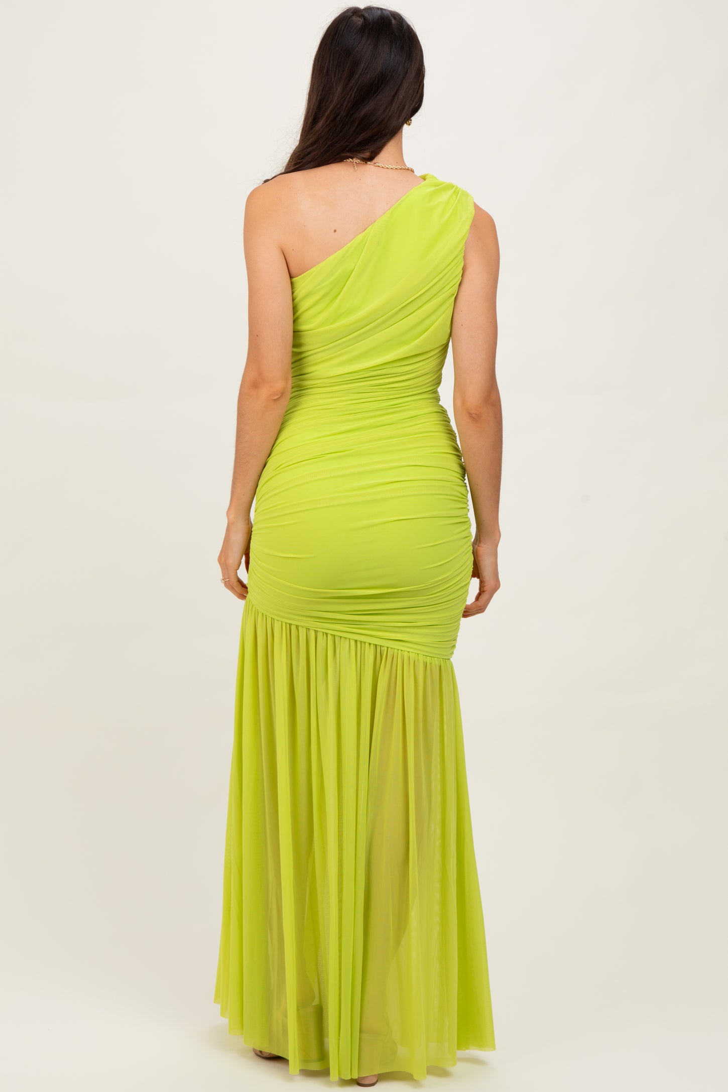 Lime Ruched Mesh One Shoulder Maxi Dress