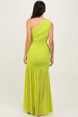 Lime Ruched Mesh One Shoulder Maxi Dress