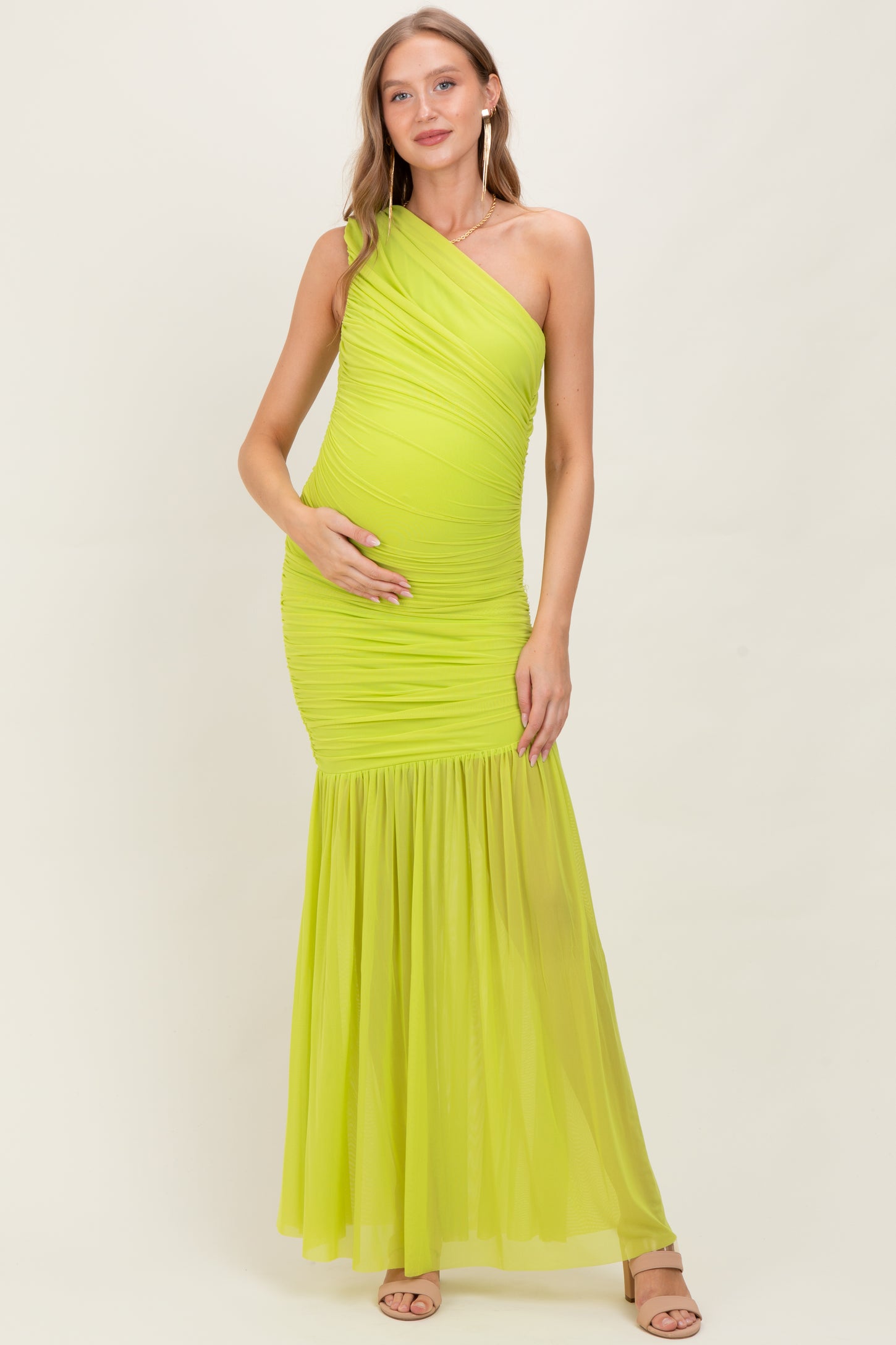 Lime Ruched Mesh One Shoulder Maternity Maxi Dress