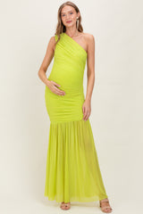 Lime Ruched Mesh One Shoulder Maternity Maxi Dress