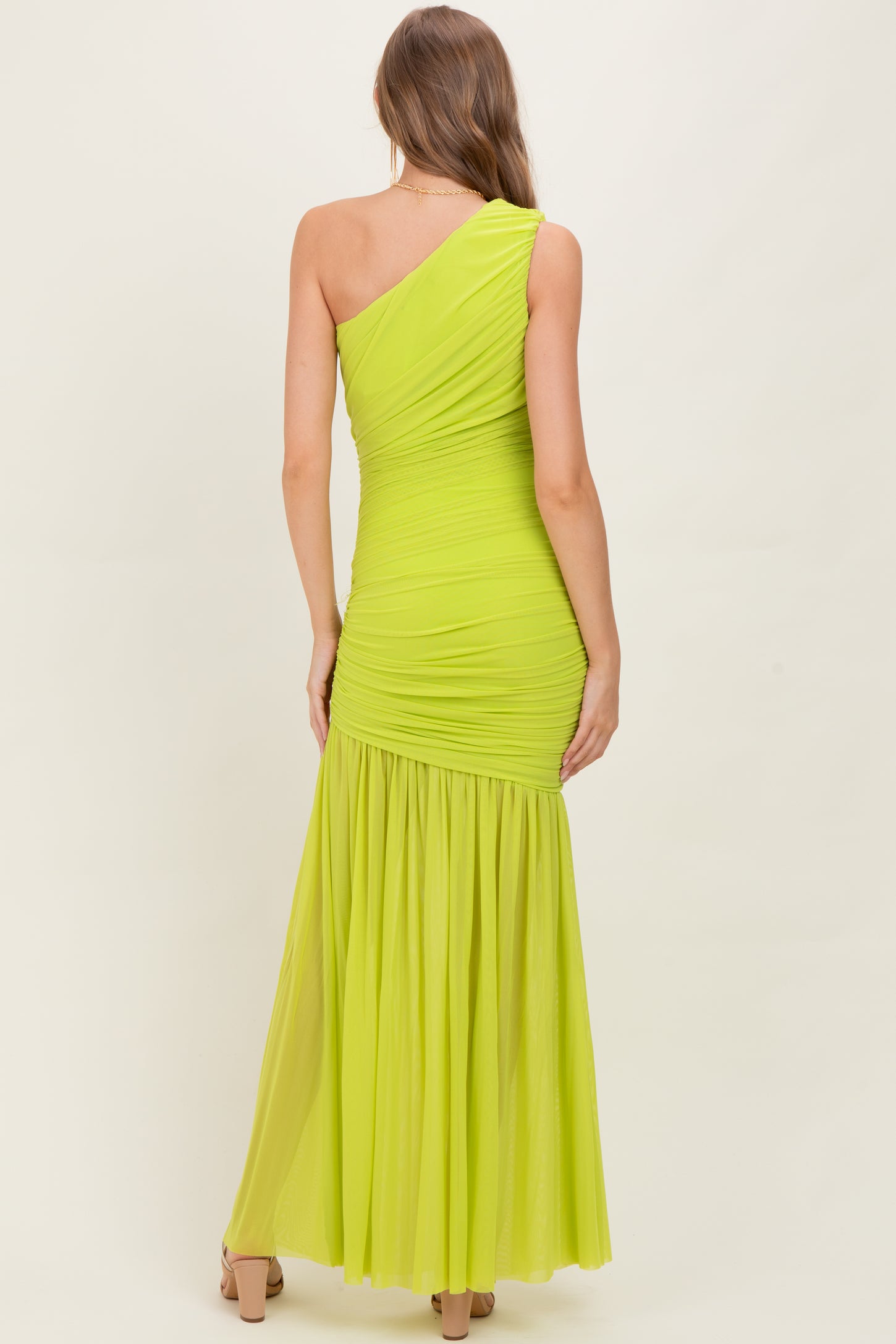 Lime Ruched Mesh One Shoulder Maternity Maxi Dress