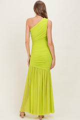 Lime Ruched Mesh One Shoulder Maternity Maxi Dress