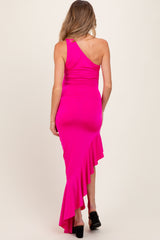 Fuchsia One Shoulder Asymmetrical Ruffle Maternity Dress