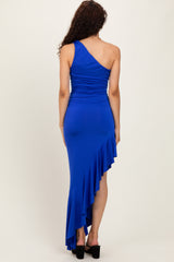 Royal Blue One Shoulder Asymmetrical Ruffle Dress