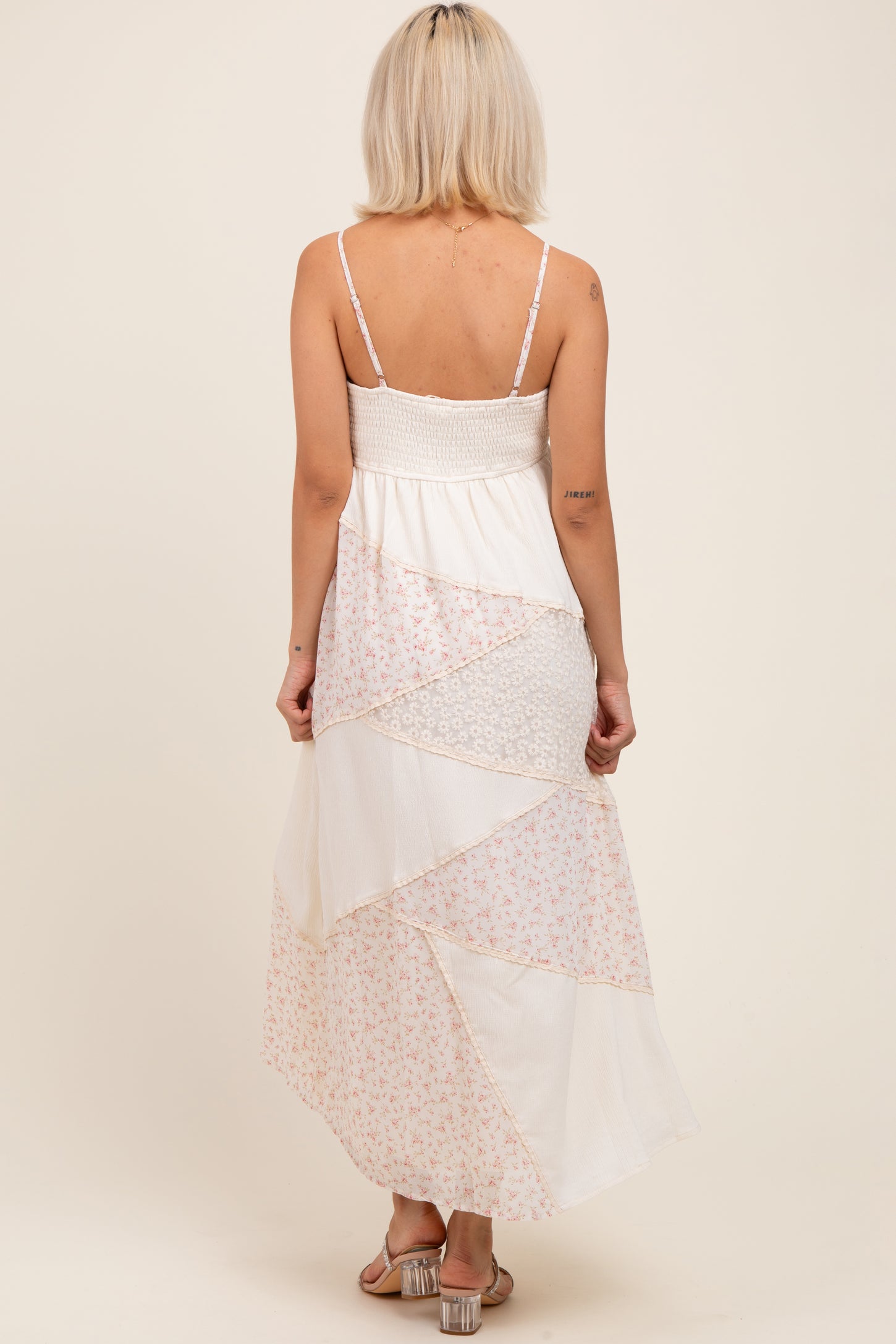 Cream Floral Sweetheart Neck Maternity Midi Dress