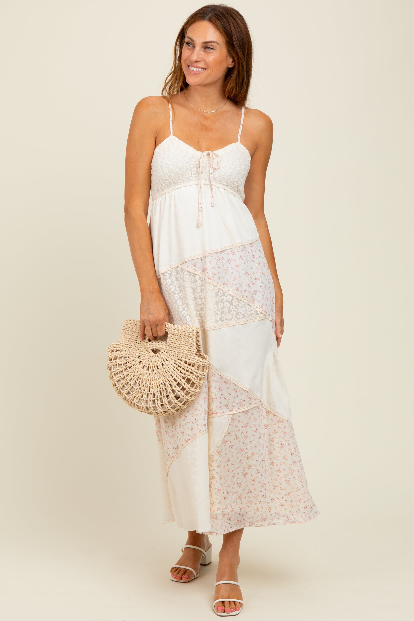 Cream Floral Sweetheart Neck Midi Dress