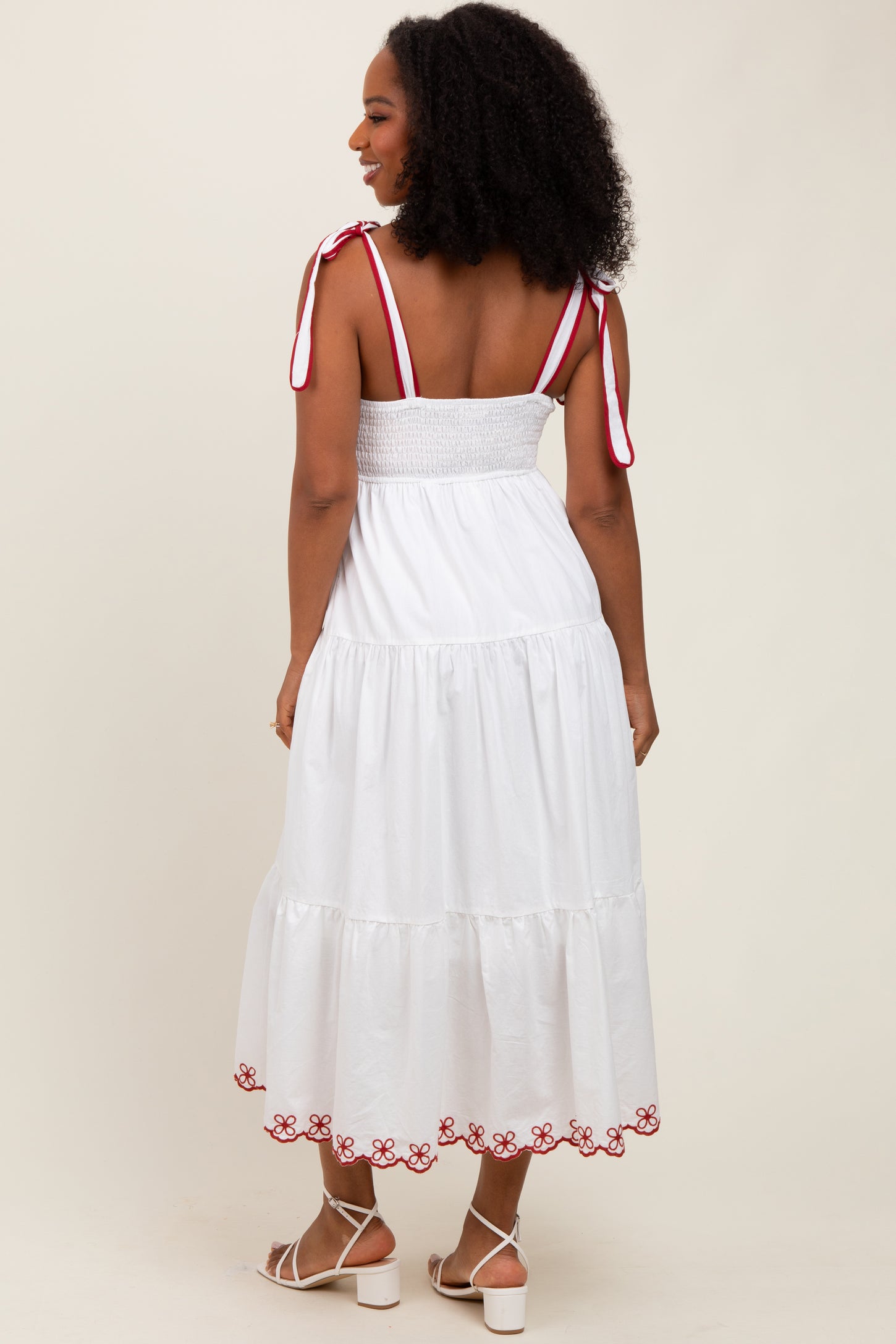 Ivory Embroidered Tiered Midi Dress
