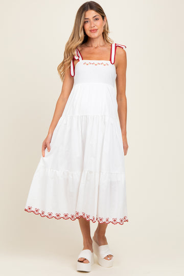 Ivory Embroidered Tiered Maternity Midi Dress