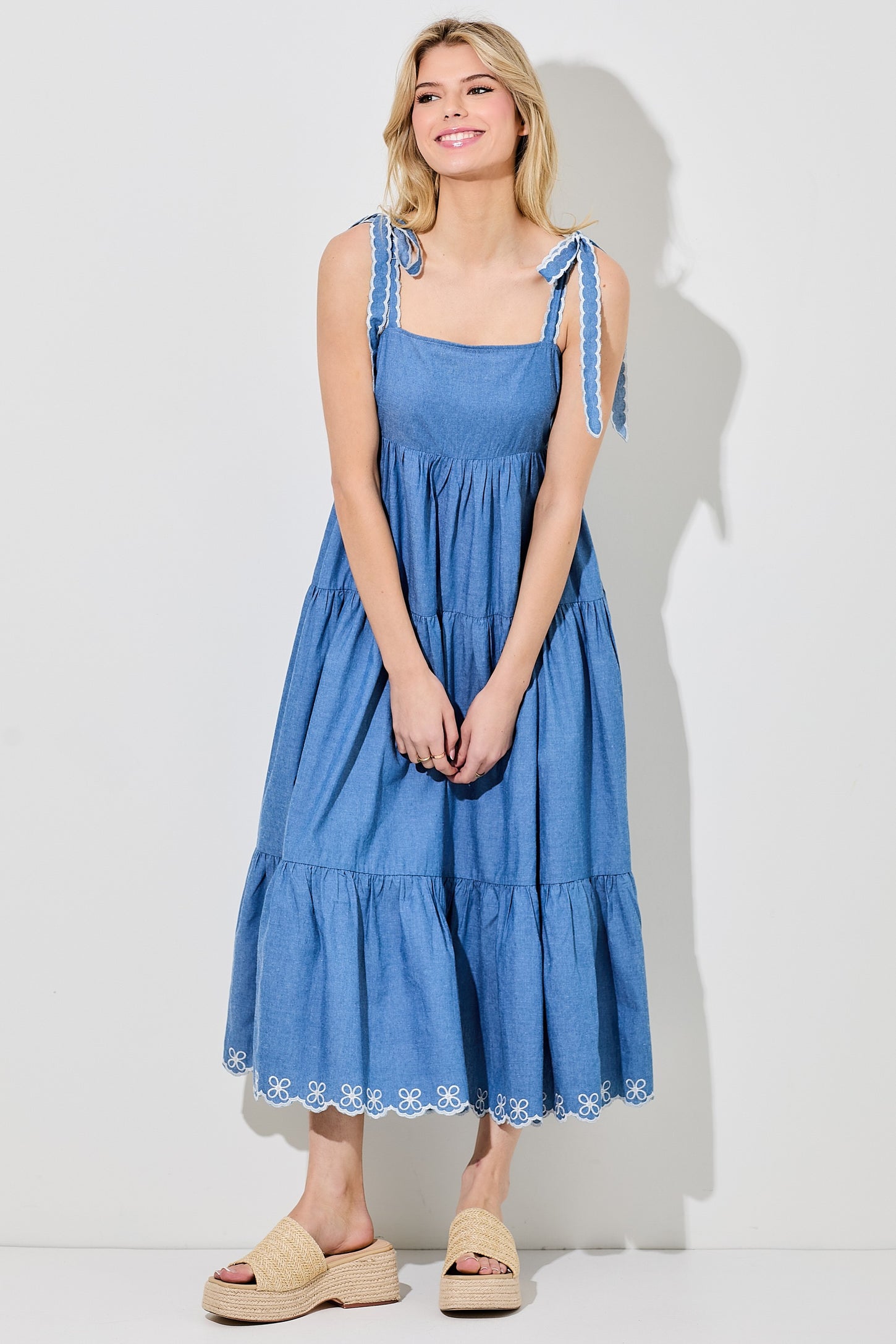 Denim Tiered Maternity Midi Dress