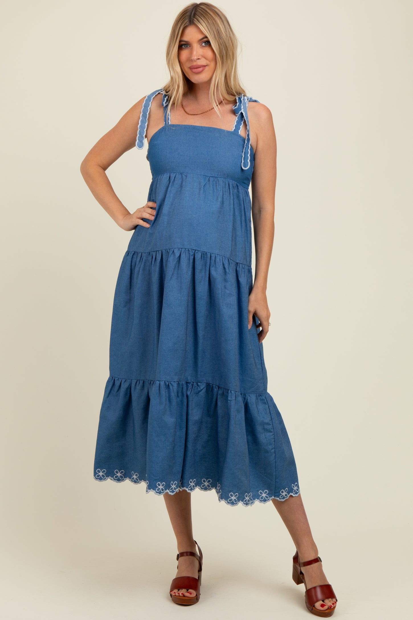 Denim Tiered Maternity Midi Dress