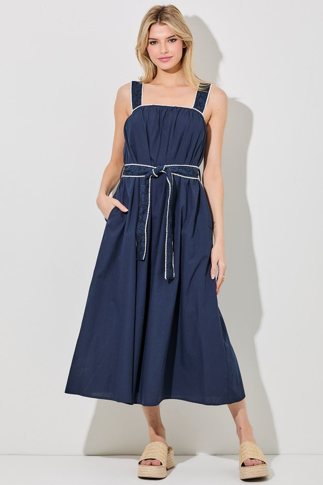 Navy Waist Strap Midi Dress