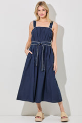 Navy Waist Strap Midi Dress