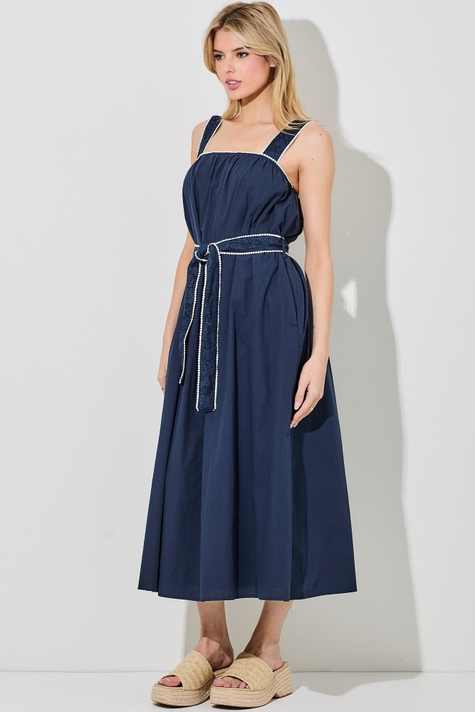 Navy Waist Strap Midi Dress
