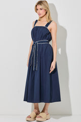 Navy Waist Strap Midi Dress
