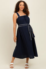 Navy Waist Strap Maternity Midi Dress