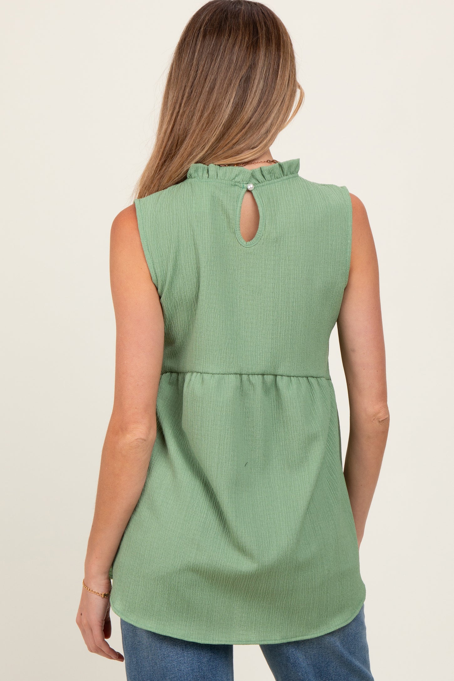 Light Olive Ruffle Mock Neck Maternity Sleeveless Blouse