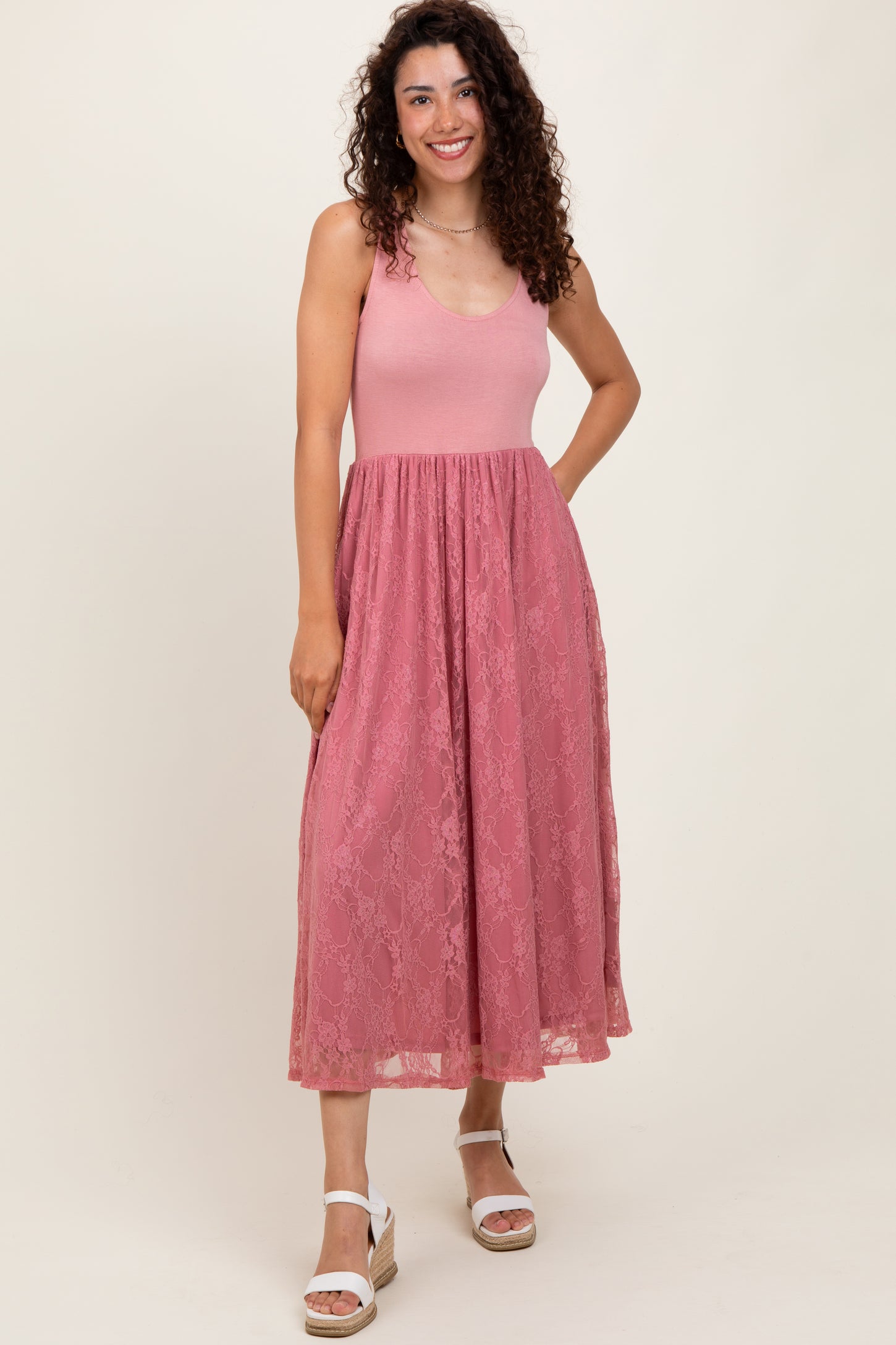 Mauve Solid Tank Top Lace Skirt Midi Dress