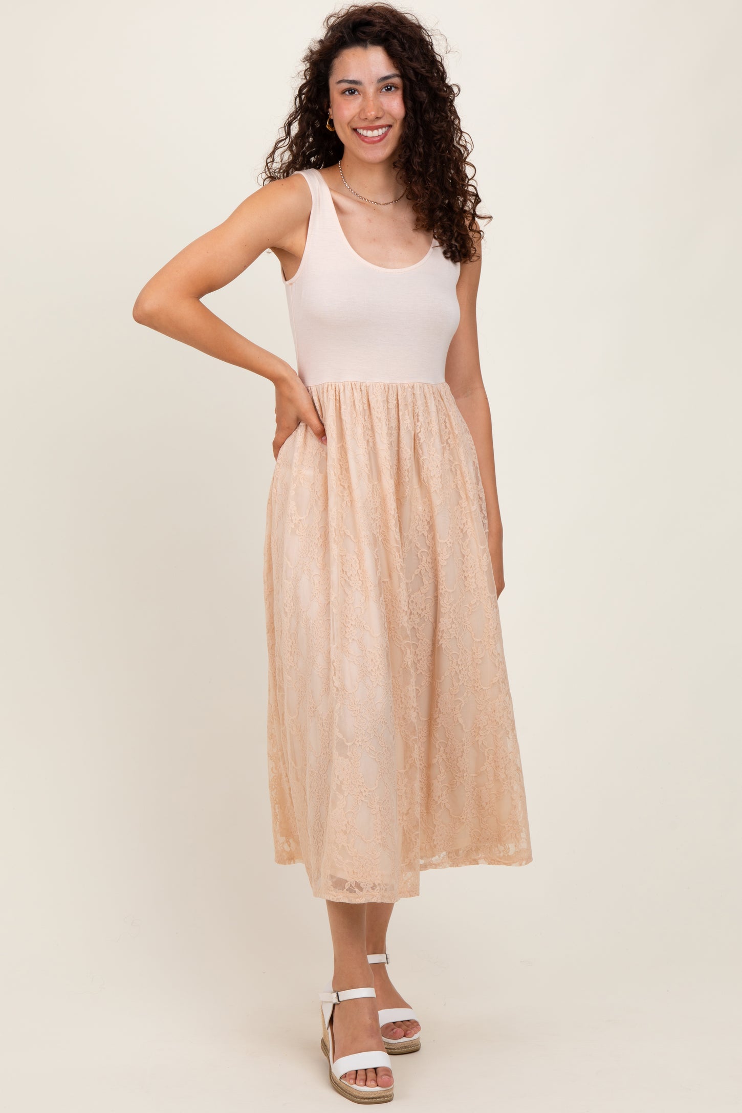 Beige Solid Tank Top Lace Skirt Midi Dress