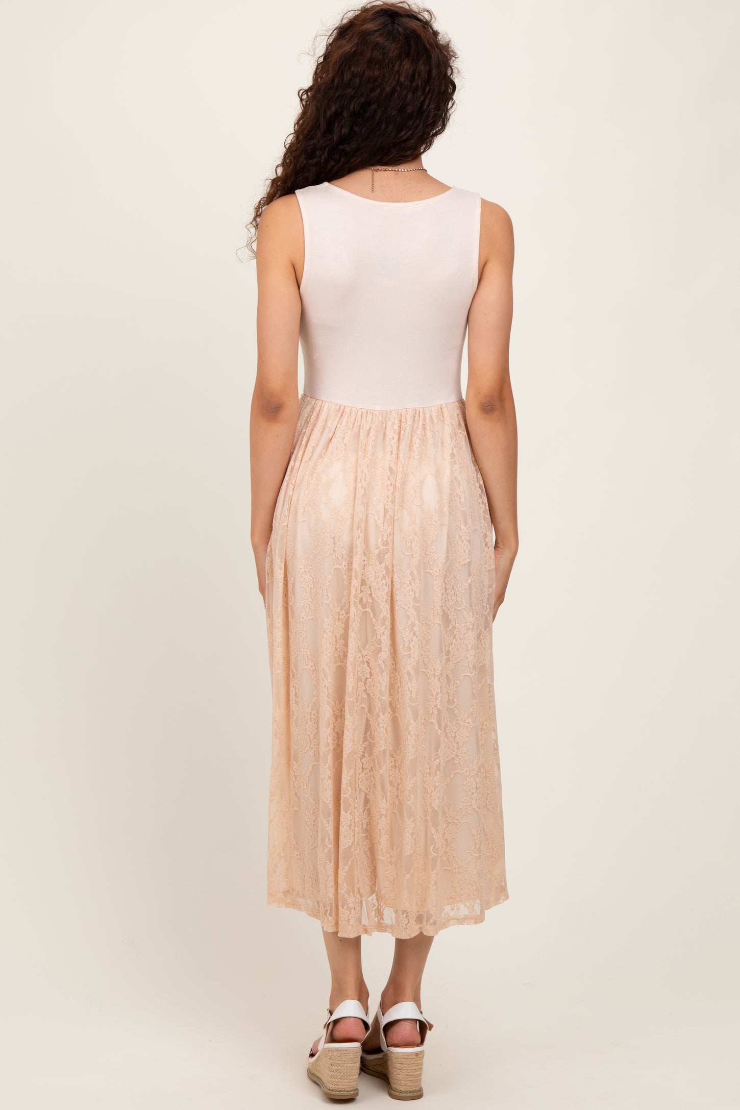 Beige Solid Tank Top Lace Skirt Midi Dress