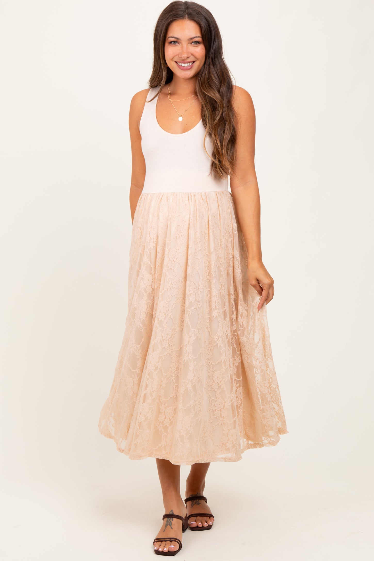 Beige Solid Tank Top Lace Skirt Maternity Midi Dress