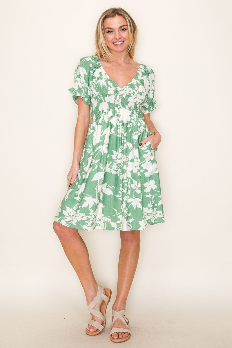 Light Olive Floral Smocked Puff Sleeve Dress