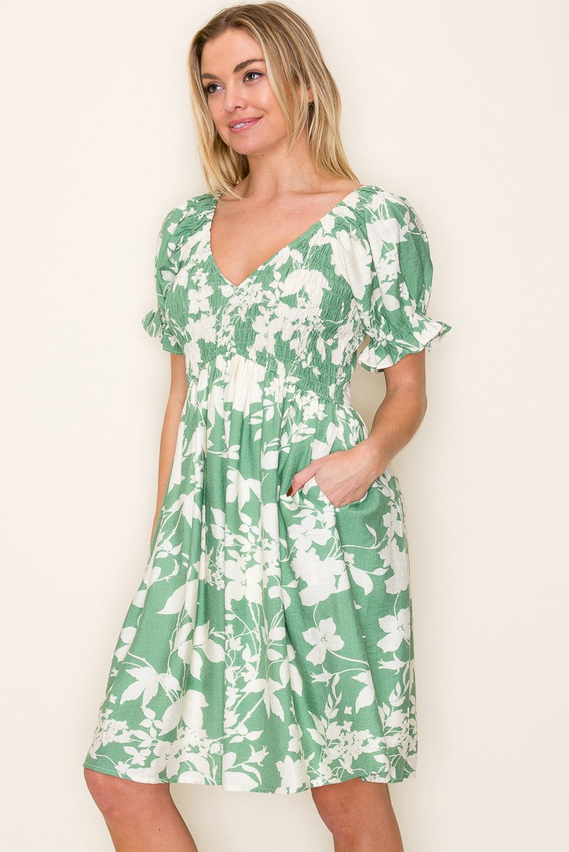 Light Olive Floral Smocked Puff Sleeve Dress