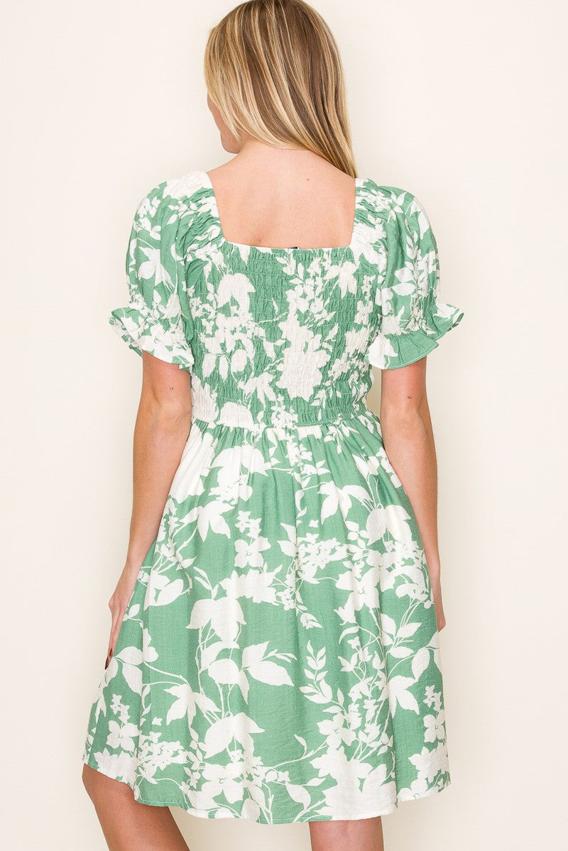 Light Olive Floral Smocked Puff Sleeve Dress